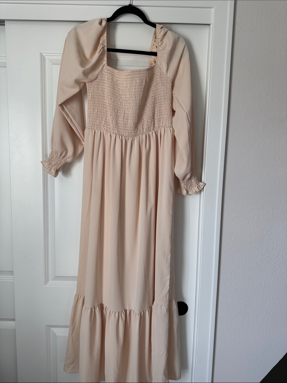 SHEIN Pale Blush Smocked Square-Neck Long Sleeve Tiered Maxi Dress